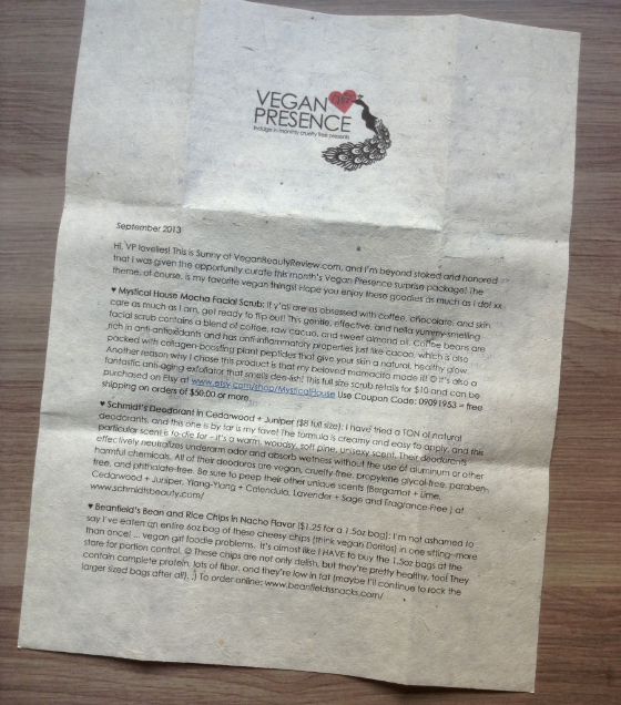 Vegan Presence Subscription Box Review - September 2013