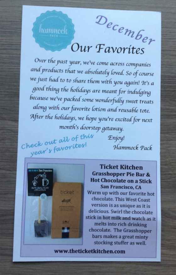 Hammock Pack Subscription Box Review - Dec 2013 Card