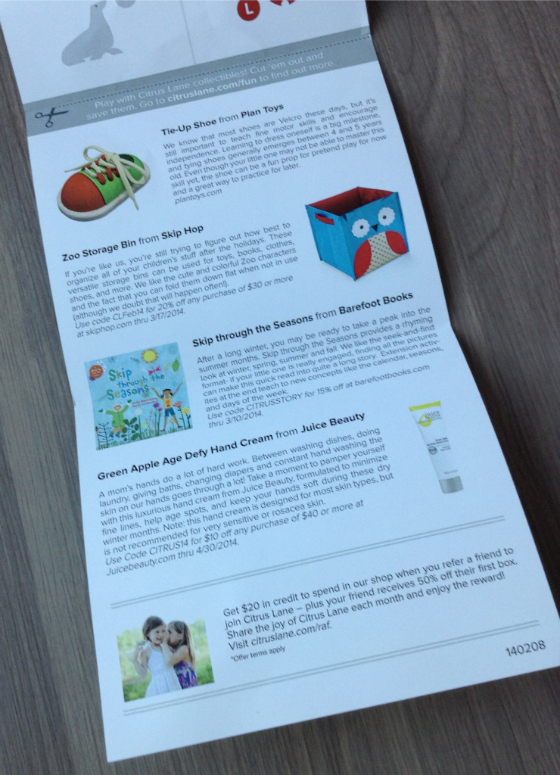 Citrus Lane Subscription Box Review & Coupon - Feb 2014 Card