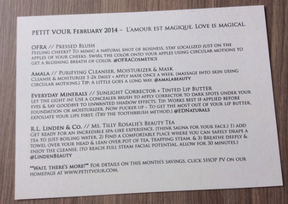 Petit Vour Vegan Beauty Subscription Box Review - Feb 2014 Card