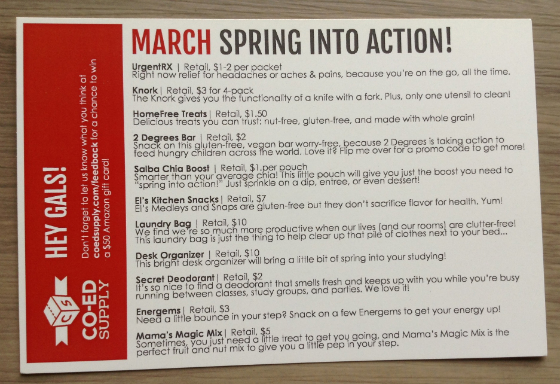 CO-ED Supply College Subscription Box Review - March 2014 Card