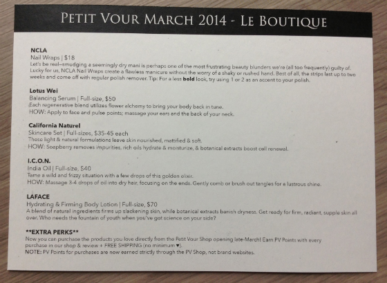 Petit Vour Vegan Beauty Subscription Box Review - March 2014 Card