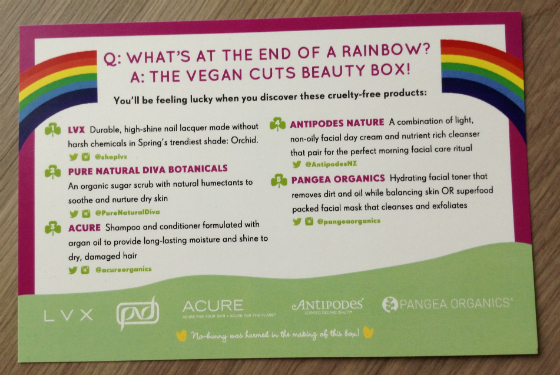 Vegan Cuts Beauty Box Subscription Review - March 2014 Card