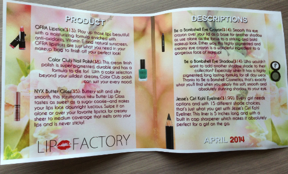 Lip Factory Makeup Subscription Box Review - April 2014 Info
