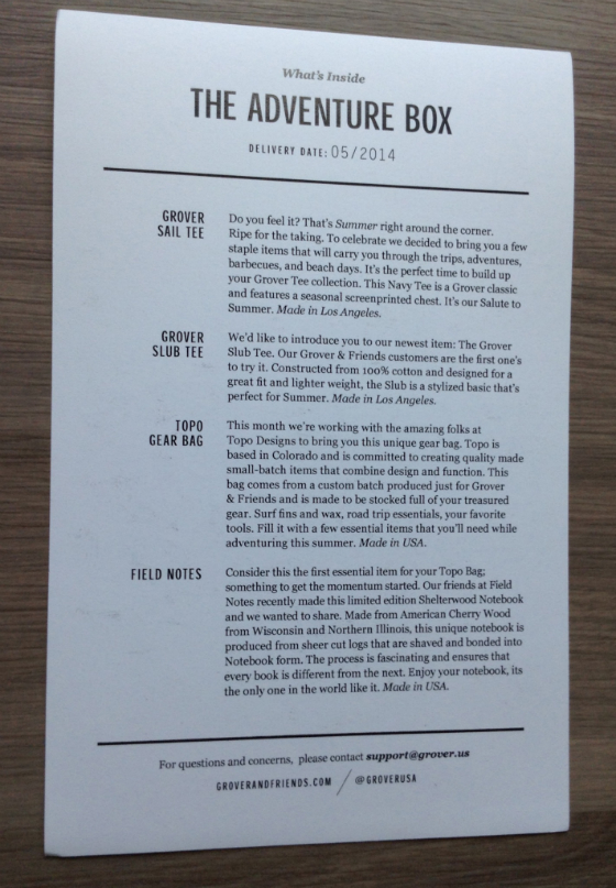 Grover & Friends Men's Clothing Subscription Review - May 2014 Card