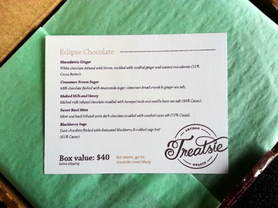 Treatsie Chocolate Bar Subscription Box May 2014 Card