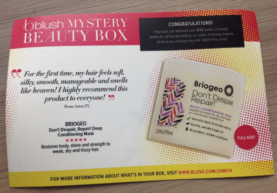 Blush Mystery Beauty Box Subscription Review - June 2014 Card