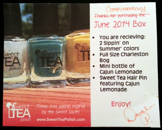Sweet Tea Polish Subscription Box Review - June 2014 Card