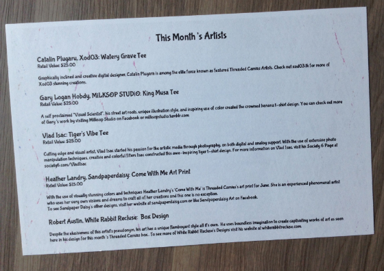 Threaded Canvas T-Shirt Subscription Box Review - June 2014 Card