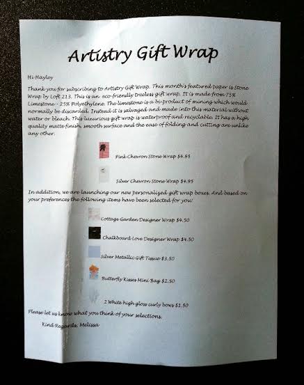 Artistry Gift Wrap Subscription Review & Coupon - August 2014 Letter