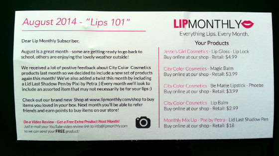 Lip Monthly Makeup Subscription Box Review – August 2014 Card