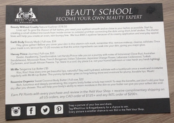 Petit Vour Vegan Beauty Subscription Box Review – August 2014 Card