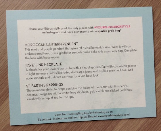 Your Bijoux Box Jewelry Subscription Box Review – August 2014 Card