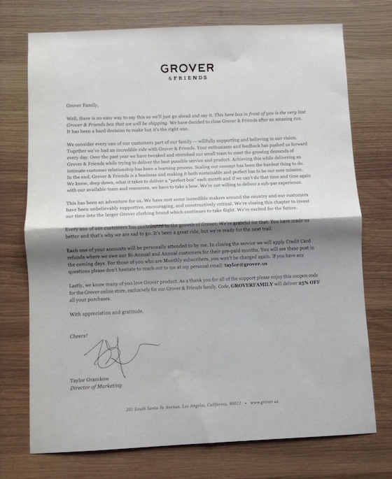 Grover & Friends Men’s Clothing Subscription Review – Sept 2014 Letter