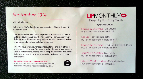 Lip Monthly Makeup Subscription Box Review – September 2014 Card