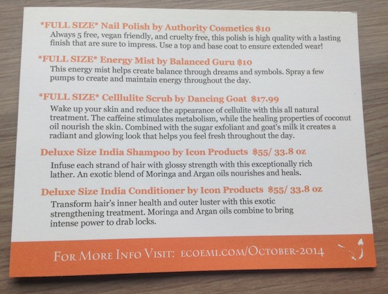Eco Emi Deluxe Beauty Box Subscription Review - October 2014 Info