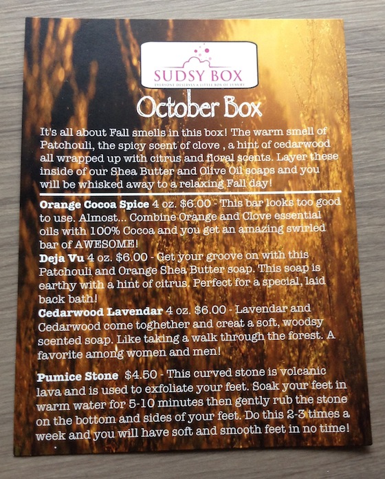 Sudsy Box Subscription Review – October 2014 Info