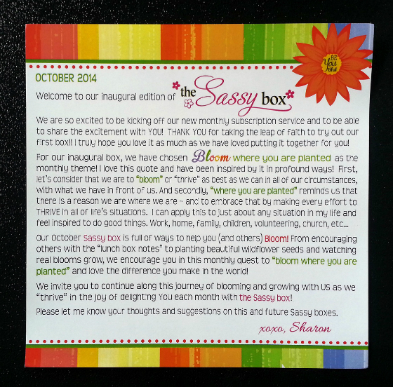 The Sassy Box Subscription Box Review - October 2014 Letter