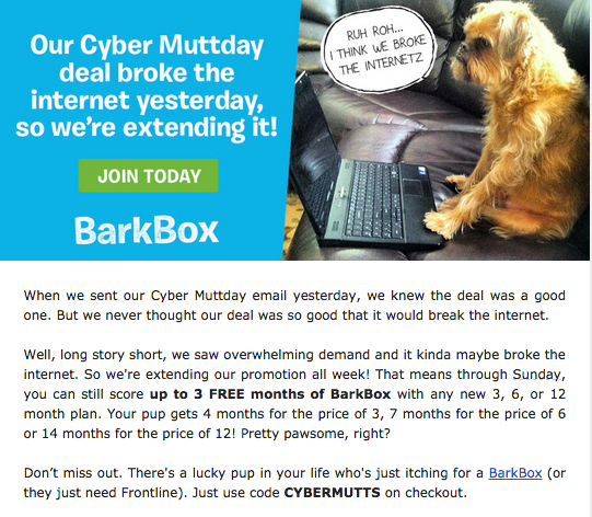 BarkBox Cyber Tuesday Deal - Free Boxes with Subscription!