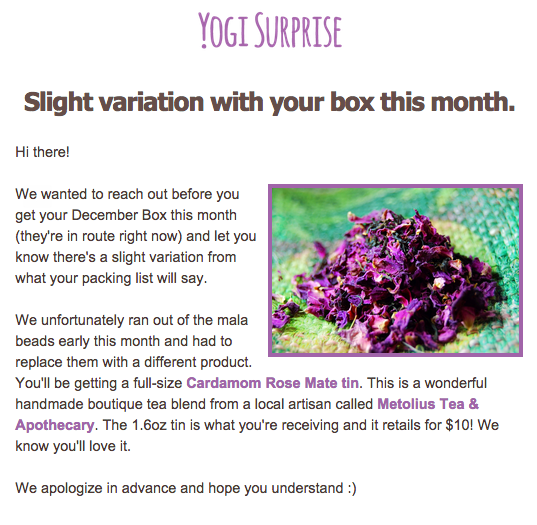 Yogi Surprise December Box Update for Some Subscribers...