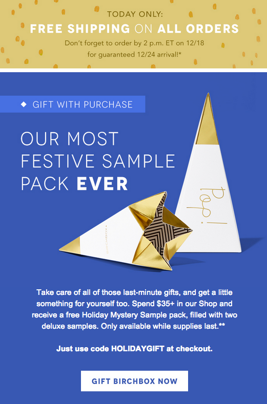 Free Shipping & Free Holiday Bonus Pack on all Birchbox Orders