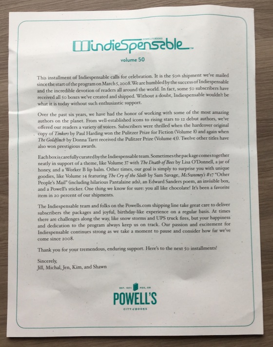 Powell's Books Indiespensible Subscription Box Review - Vol. 50 Letter