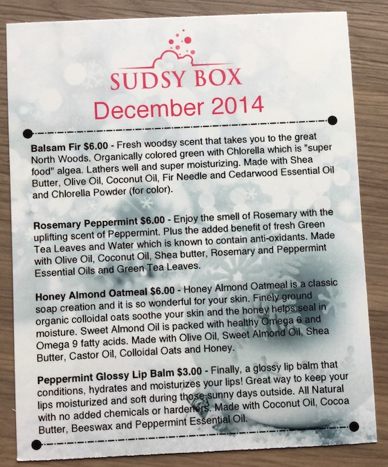Sudsy Box Subscription Review – December 2014 Info