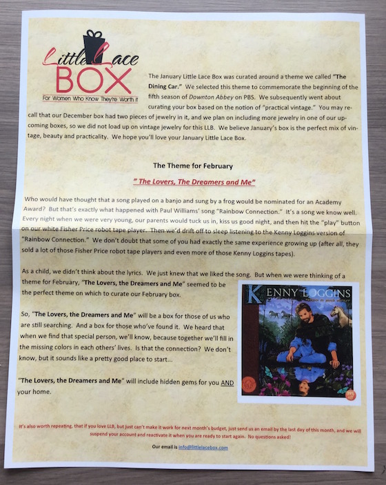 Little Lace Box Subscription Review – January 2015 Theme