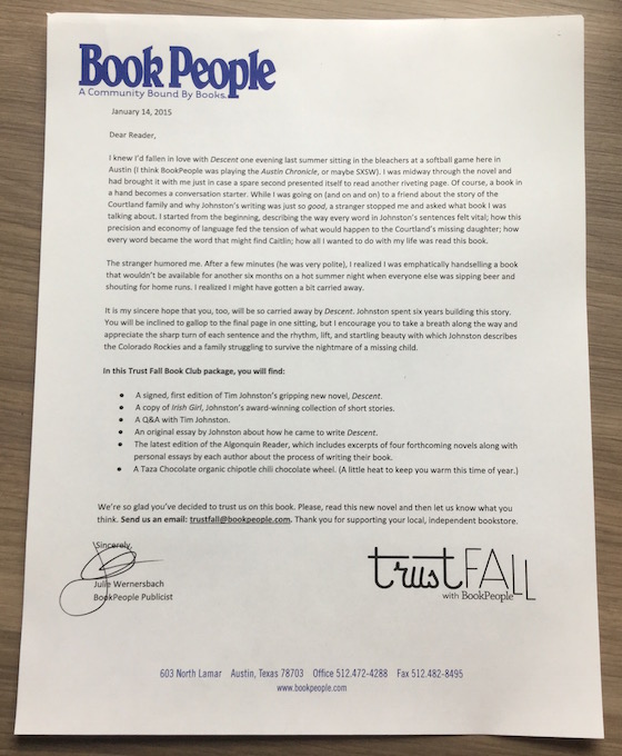 Book People Trust Fall Subscription Box Review - Jan 2015 Letter