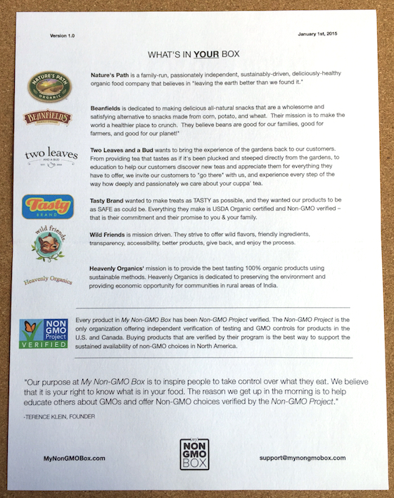 My Non-GMO Box Subscription Box Review - February 2015 Flyer