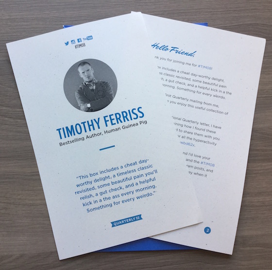 Timothy Ferriss Quarterly Box Subscription Review #TIM08 Letter