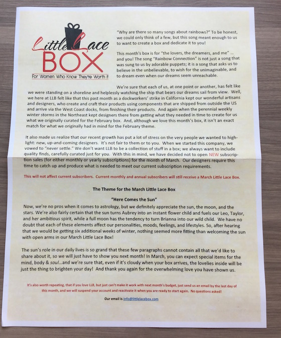 Little Lace Box Subscription Review – February 2015 Letter