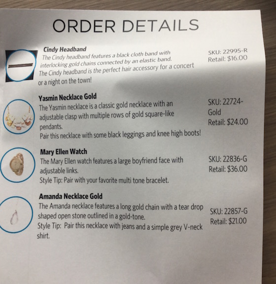 Wantable Accessories Subscription Box Review – February 2015 Order Details