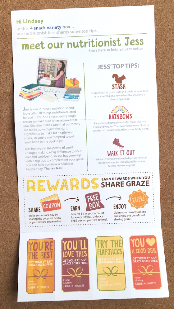 Graze Subscription Box Review + Free Box Coupon - March 2015 Fold Out 1