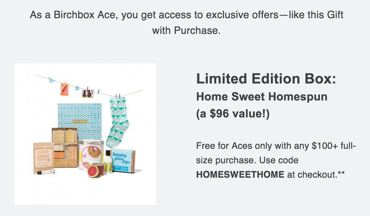 Birchbox Ace GWP Offer - Free Home Sweet Homespun Box!