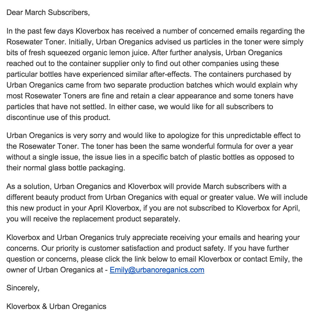 Kloverbox March 2015 Box Product Advisory Letter