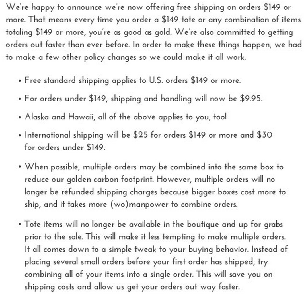 Golden Tote Shipping Changes