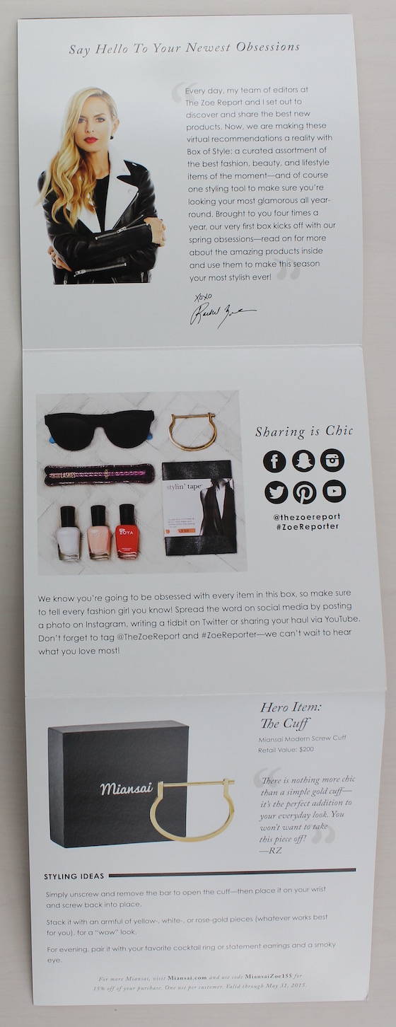 Rachel Zoe Box of Style Spring 2015 Subscription Box Review Sheet