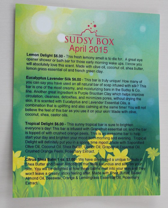 Sudsy Box Subscription Box Review – April 2015 Info