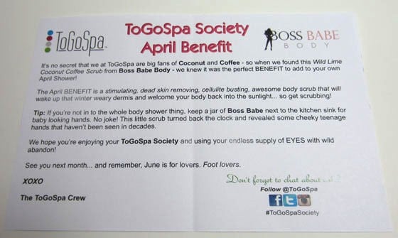 ToGoSpa Society Subscription Box Review - April 2015 - infocard