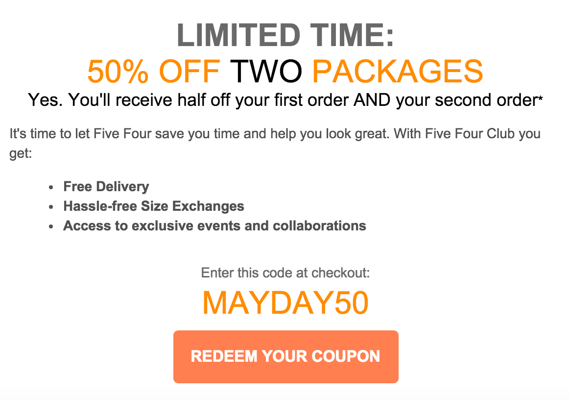 Best Five Four Club Coupon - 50% Off First + Second Boxes