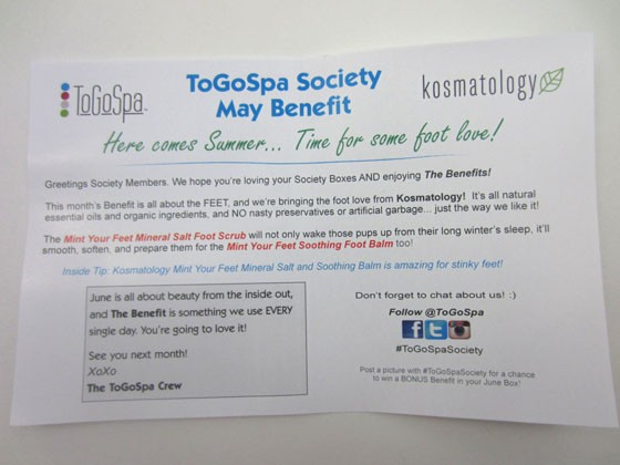 ToGoSpa Society Subscription Box Review - May 2015 - infocard