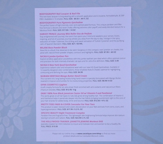 COCOTIQUE Limited Edition Mega Beauty Box Review - Spring 2015 - Inofrmation Card