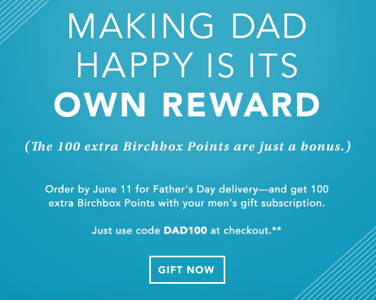 Free 100 Points ($10) with Birchbox Man Gift Subscription
