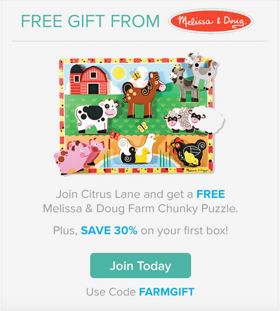 30% Off First Citrus Lane Box + Free Melissa & Doug Gift