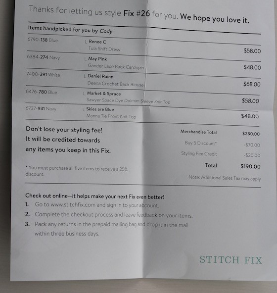 Stitch Fix Review – June 2015 Invoice