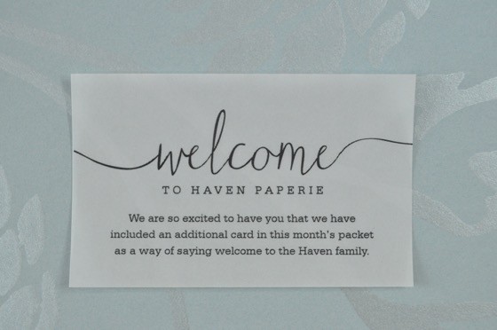 Haven Paperie Subscription Box Review -  July 2015 - welcome letter