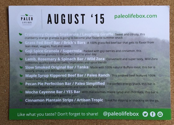 Paleo Life Box Subscription Box Review August 2015 - Card