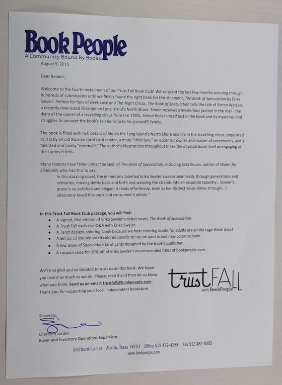 Book People Trust Fall Subscription Box Review – August 2015 Letter