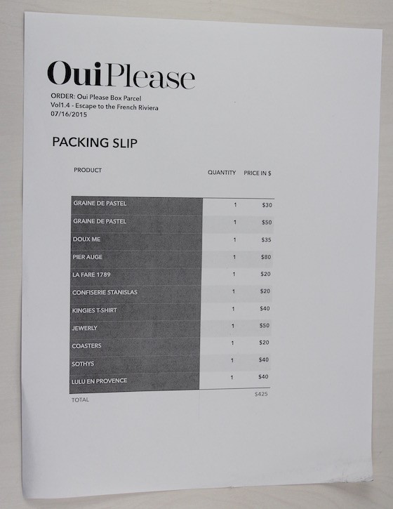 Oui Please Subscription Box Review – Vol 1.4 Invoice